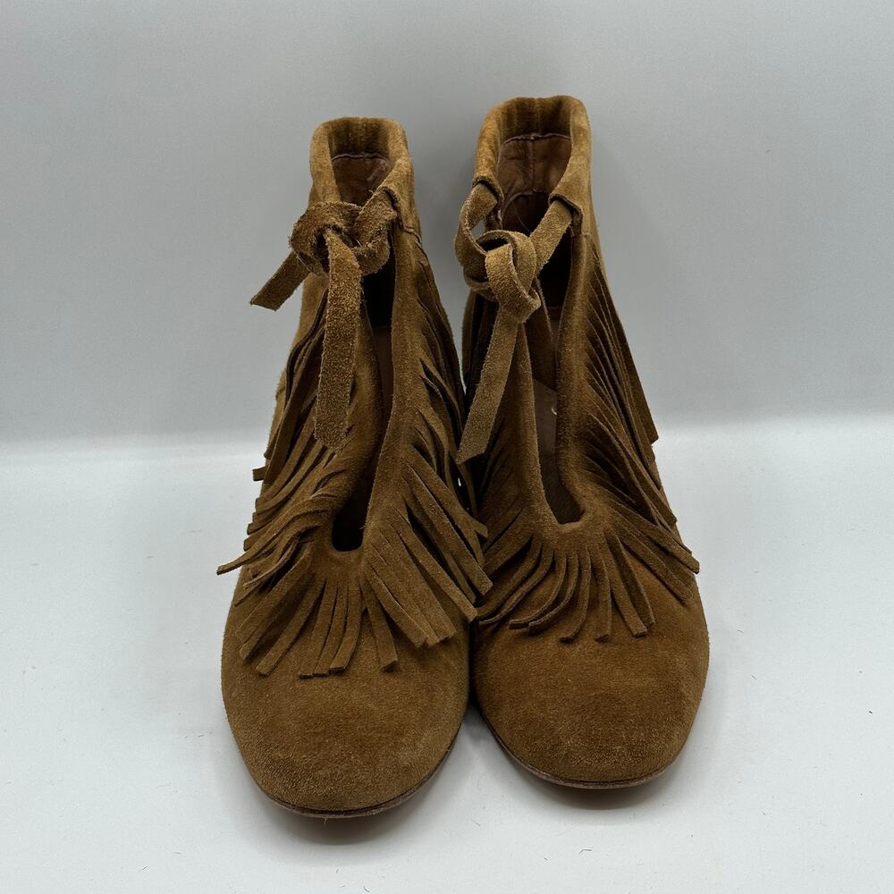 MAJE Suede Leather Fringe Tassel Kitten Heel Boots Camel Tan - Picture 3 of 8